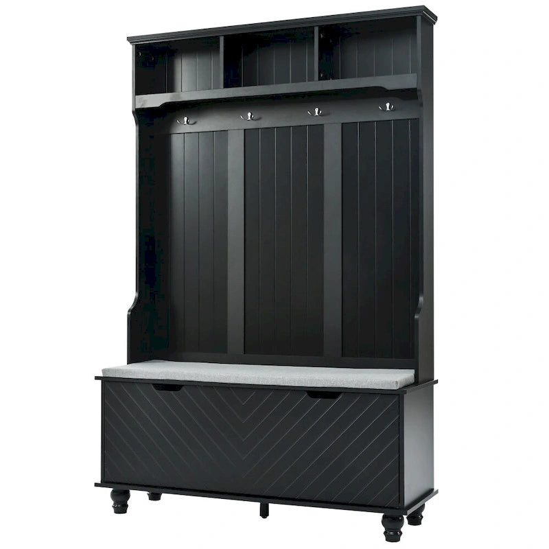 Meuble d'entrée en MDF blanc/noir avec banc capitonné, 4 patères, 3 niches et 2 placards