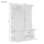 Meuble d'entrée en MDF blanc/noir avec banc capitonné, 4 patères, 3 niches et 2 placards