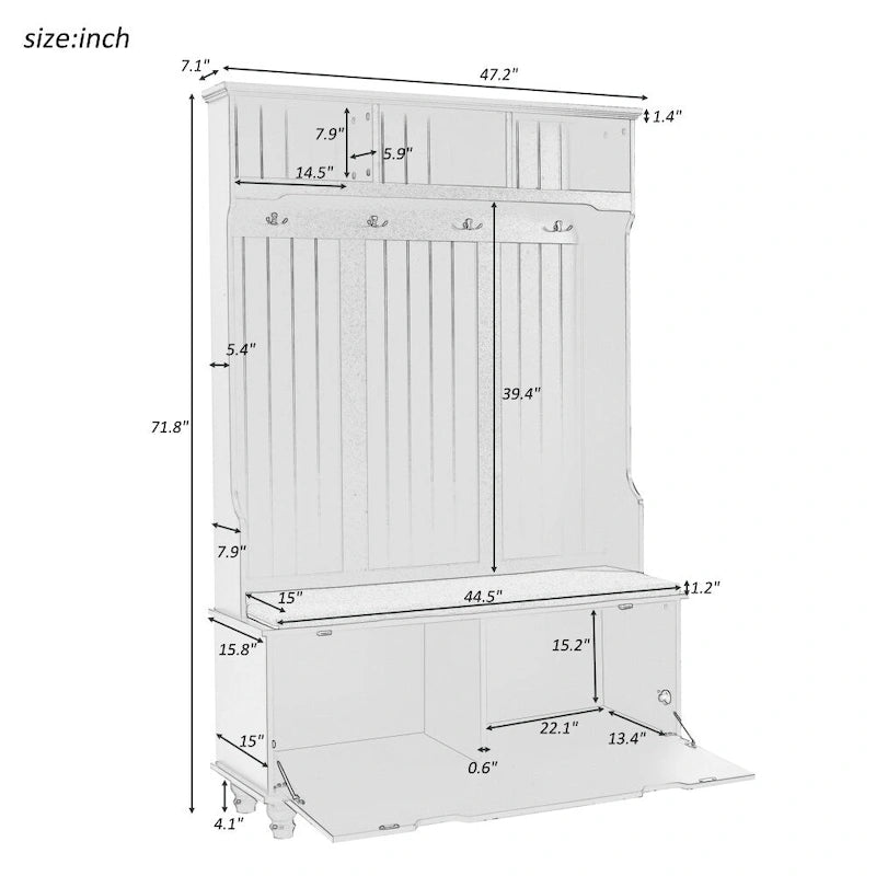 Meuble d'entrée en MDF blanc/noir avec banc capitonné, 4 patères, 3 niches et 2 placards