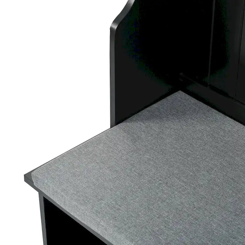 Meuble d'entrée en MDF blanc/noir avec banc capitonné, 4 patères, 3 niches et 2 placards