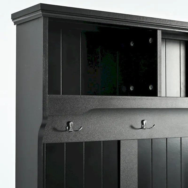 Meuble d'entrée en MDF blanc/noir avec banc capitonné, 4 patères, 3 niches et 2 placards