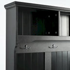 Meuble d'entrée en MDF blanc/noir avec banc capitonné, 4 patères, 3 niches et 2 placards