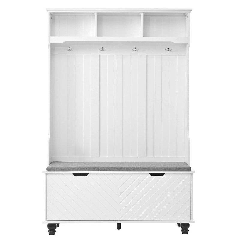 Meuble d'entrée en MDF blanc/noir avec banc capitonné, 4 patères, 3 niches et 2 placards