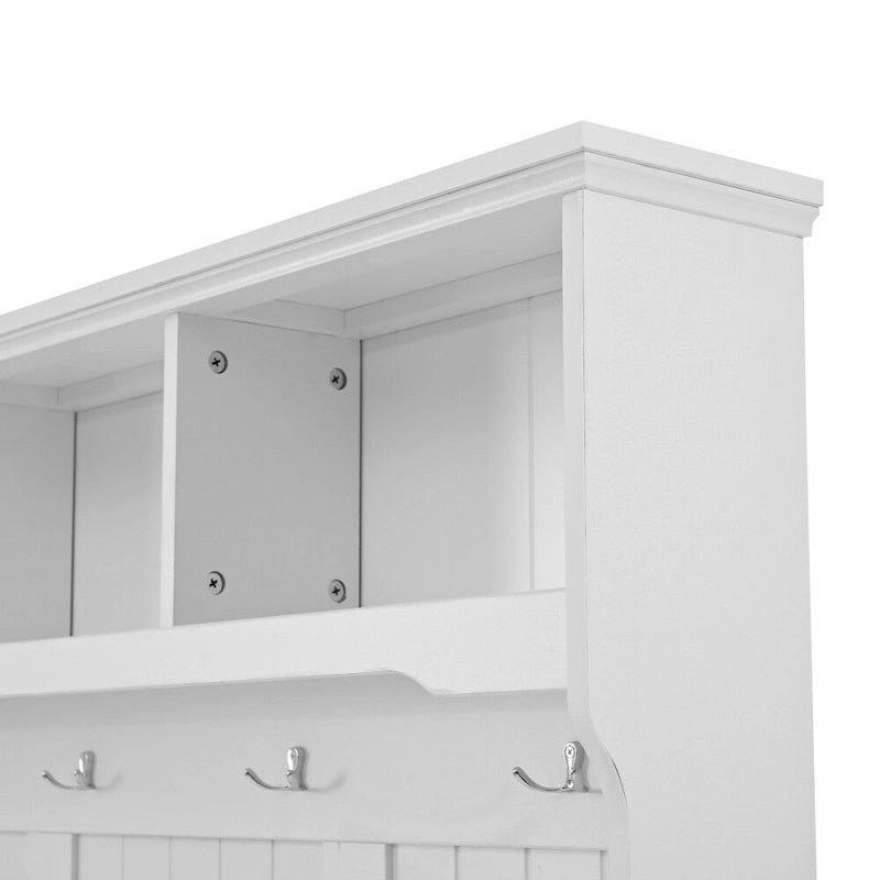 Meuble d'entrée en MDF blanc/noir avec banc capitonné, 4 patères, 3 niches et 2 placards