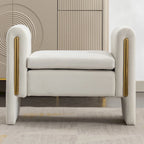 Banc en velours beige/café/ivoire/gris avec cadre en bois et garniture dorée