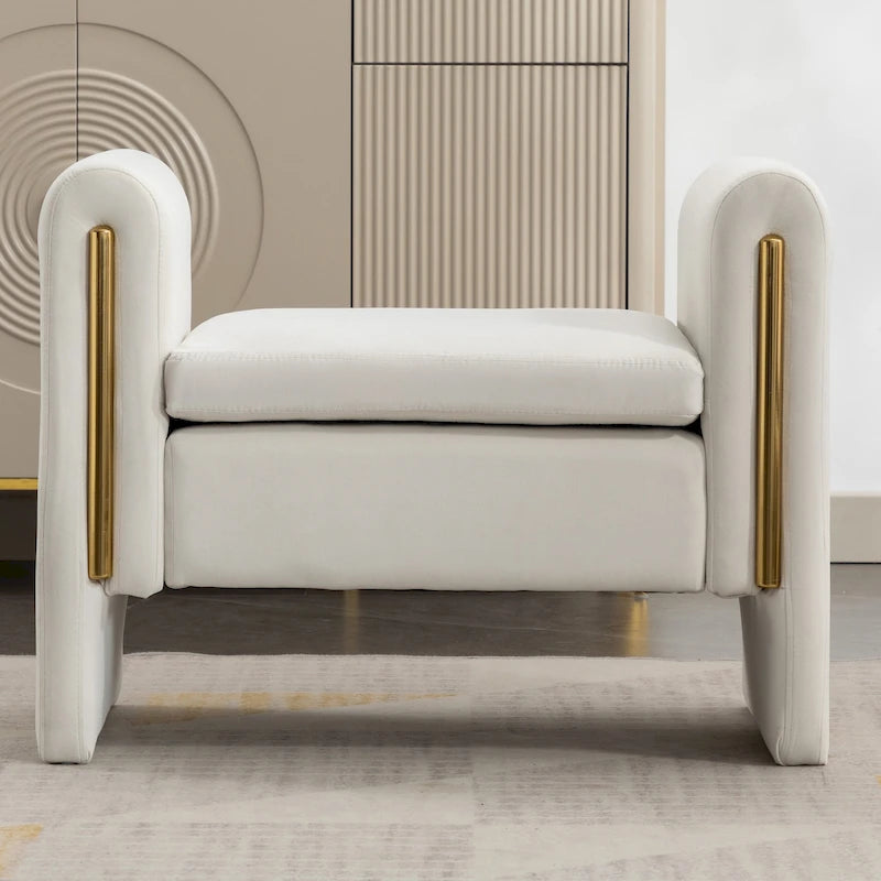 Banc en velours beige/café/ivoire/gris avec cadre en bois et garniture dorée