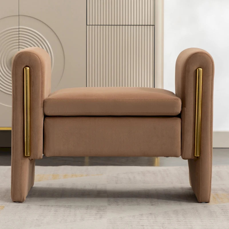 Banc en velours beige/café/ivoire/gris avec cadre en bois et garniture dorée