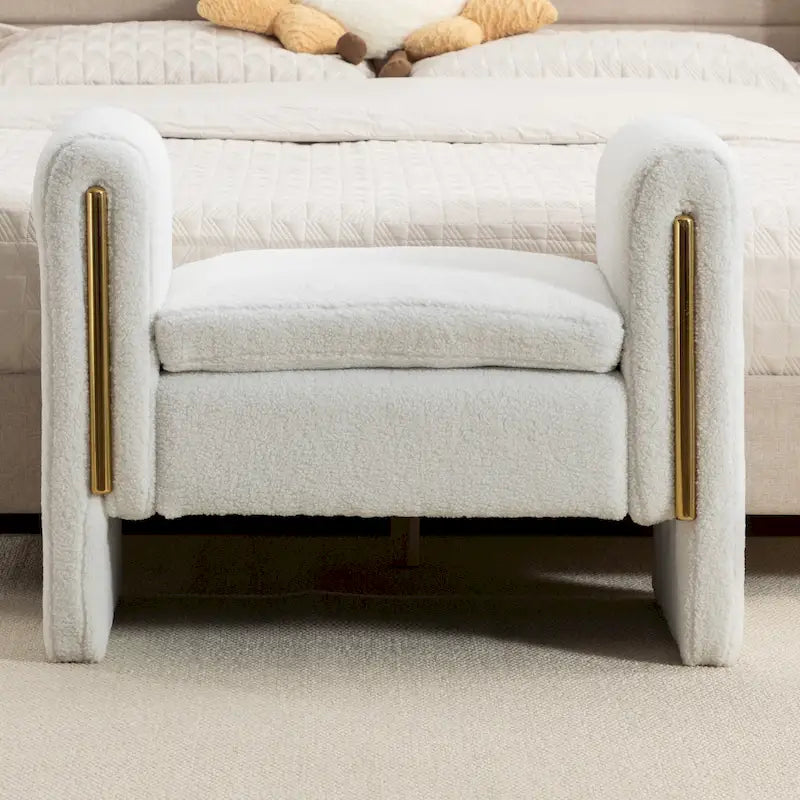Banc en velours beige/café/ivoire/gris avec cadre en bois et garniture dorée