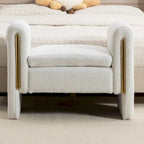 Banc en velours beige/café/ivoire/gris avec cadre en bois et garniture dorée