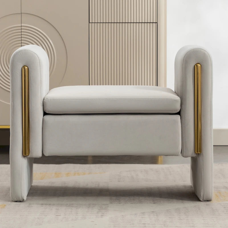 Banc en velours beige/café/ivoire/gris avec cadre en bois et garniture dorée
