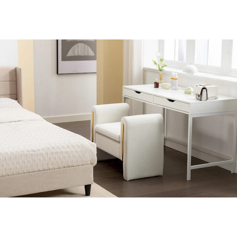 Banc en velours beige/café/ivoire/gris avec cadre en bois et garniture dorée