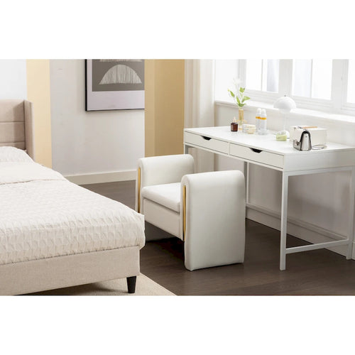 Banc en velours beige/café/ivoire/gris avec cadre en bois et garniture dorée