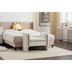 Banc en velours beige/café/ivoire/gris avec cadre en bois et garniture dorée
