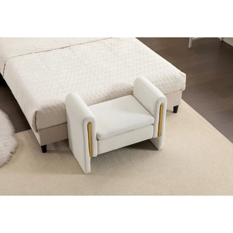 Banc en velours beige/café/ivoire/gris avec cadre en bois et garniture dorée