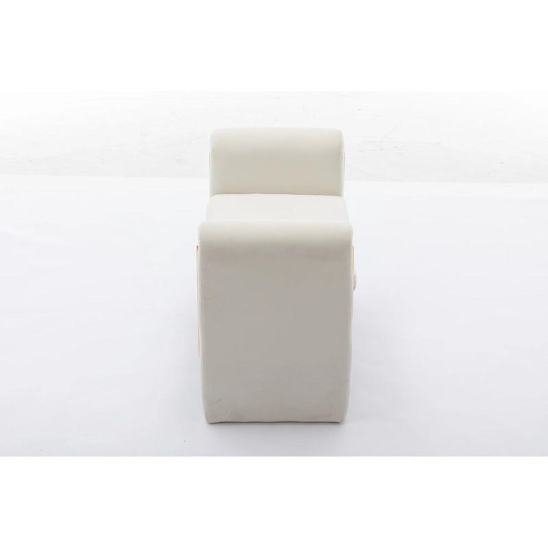 Banc en velours beige/café/ivoire/gris avec cadre en bois et garniture dorée