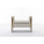 Banc en velours beige/café/ivoire/gris avec cadre en bois et garniture dorée