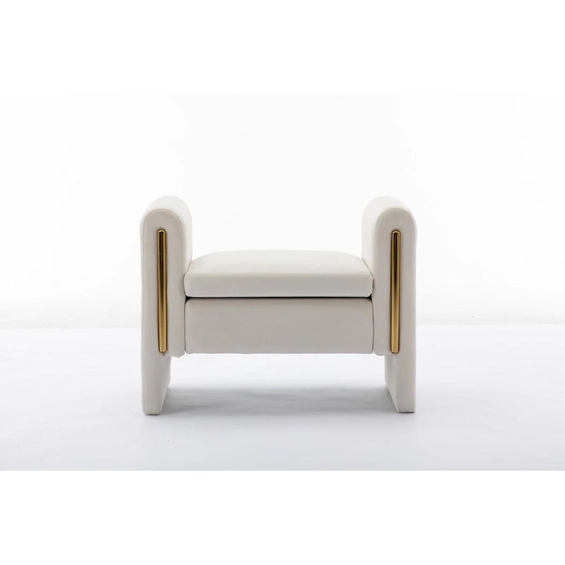 Banc en velours beige/café/ivoire/gris avec cadre en bois et garniture dorée