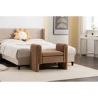 Banc en velours beige/café/ivoire/gris avec cadre en bois et garniture dorée