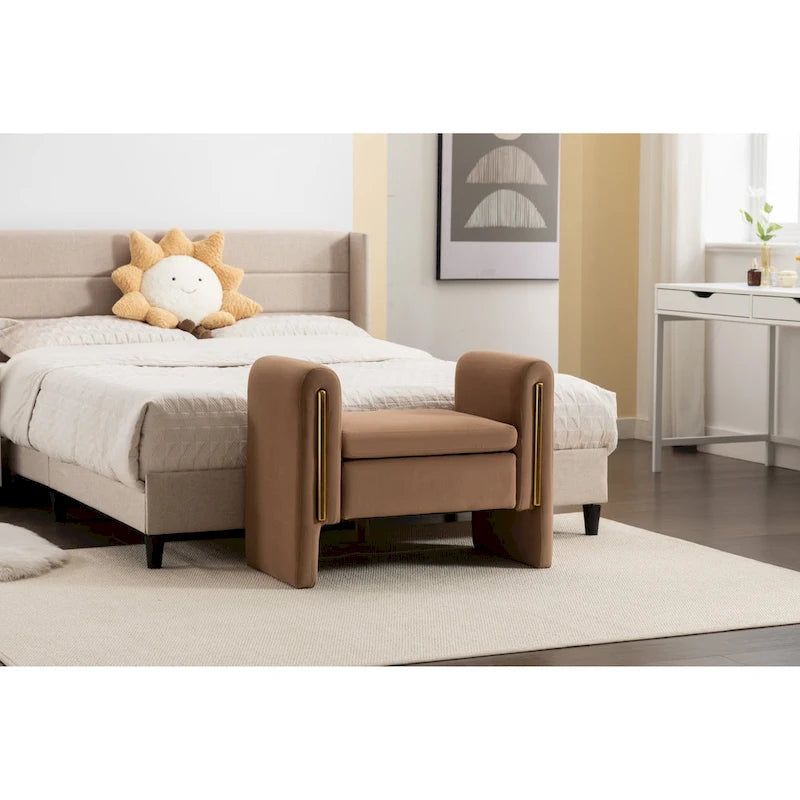Banc en velours beige/café/ivoire/gris avec cadre en bois et garniture dorée