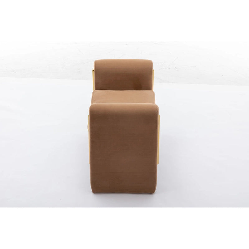 Banc en velours beige/café/ivoire/gris avec cadre en bois et garniture dorée