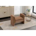 Banc en velours beige/café/ivoire/gris avec cadre en bois et garniture dorée