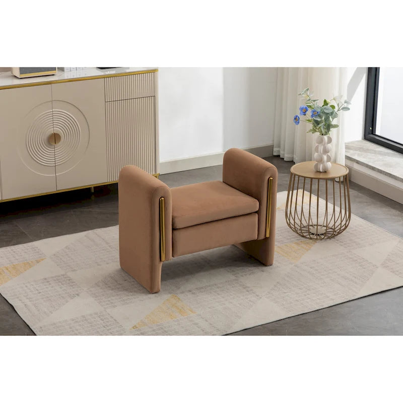 Banc en velours beige/café/ivoire/gris avec cadre en bois et garniture dorée
