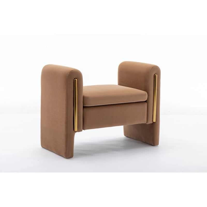 Banc en velours beige/café/ivoire/gris avec cadre en bois et garniture dorée