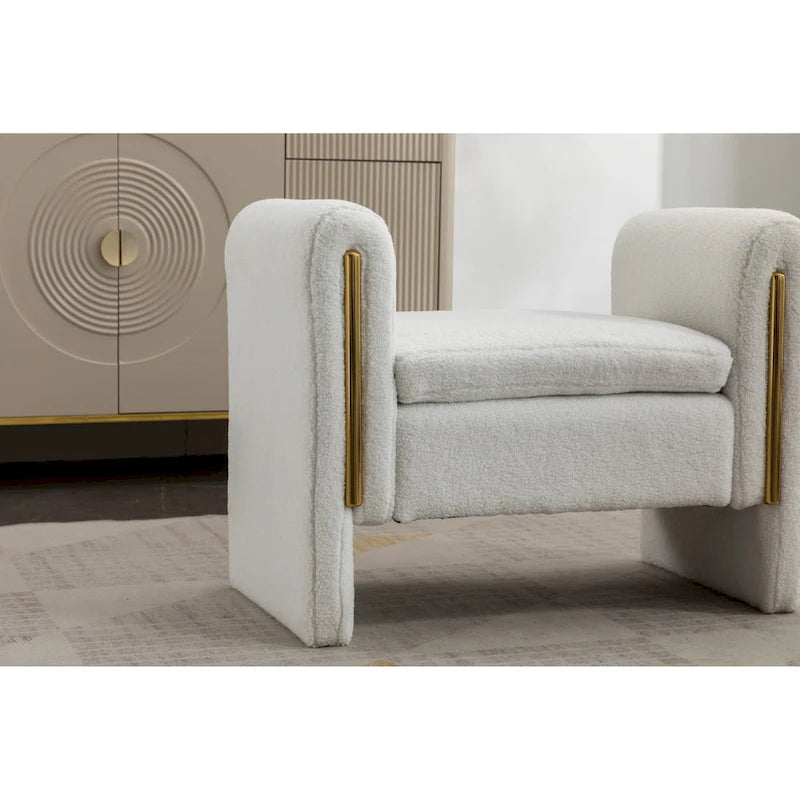 Banc en velours beige/café/ivoire/gris avec cadre en bois et garniture dorée