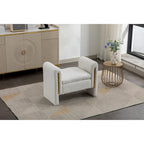 Banc en velours beige/café/ivoire/gris avec cadre en bois et garniture dorée
