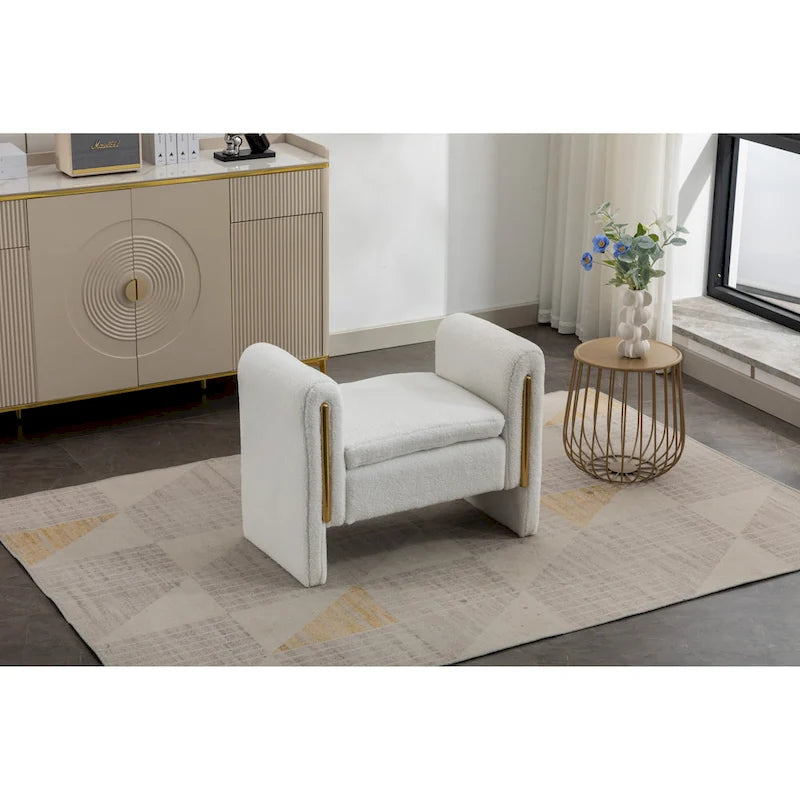 Banc en velours beige/café/ivoire/gris avec cadre en bois et garniture dorée
