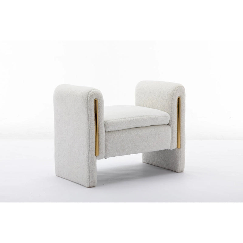 Banc en velours beige/café/ivoire/gris avec cadre en bois et garniture dorée