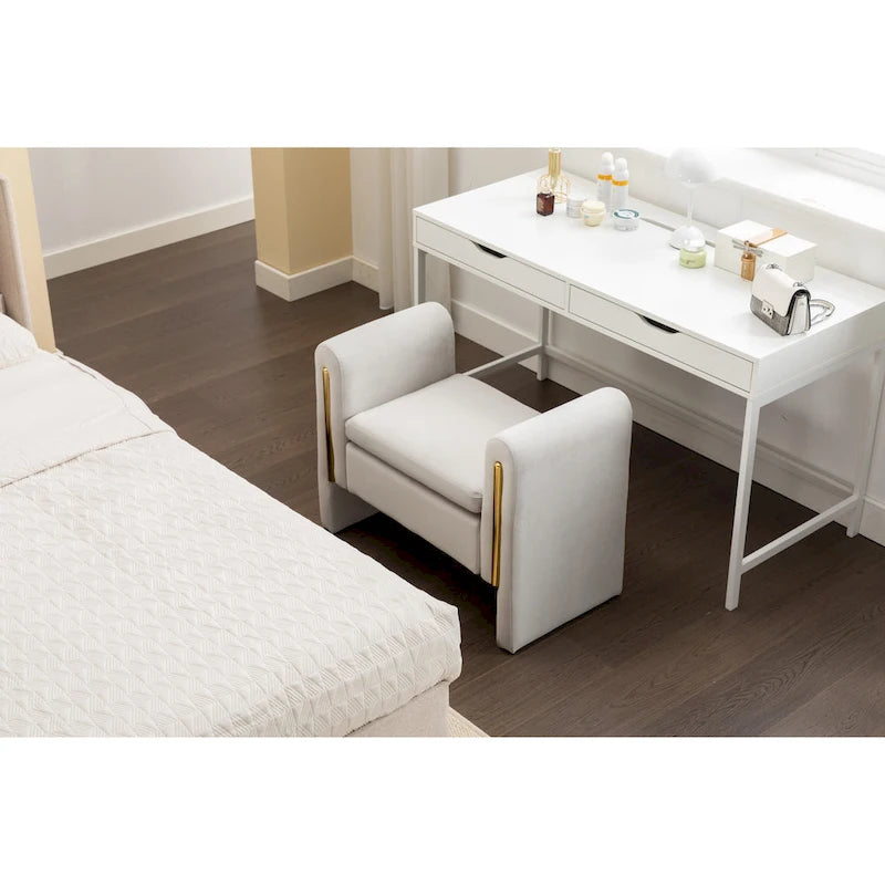 Banc en velours beige/café/ivoire/gris avec cadre en bois et garniture dorée