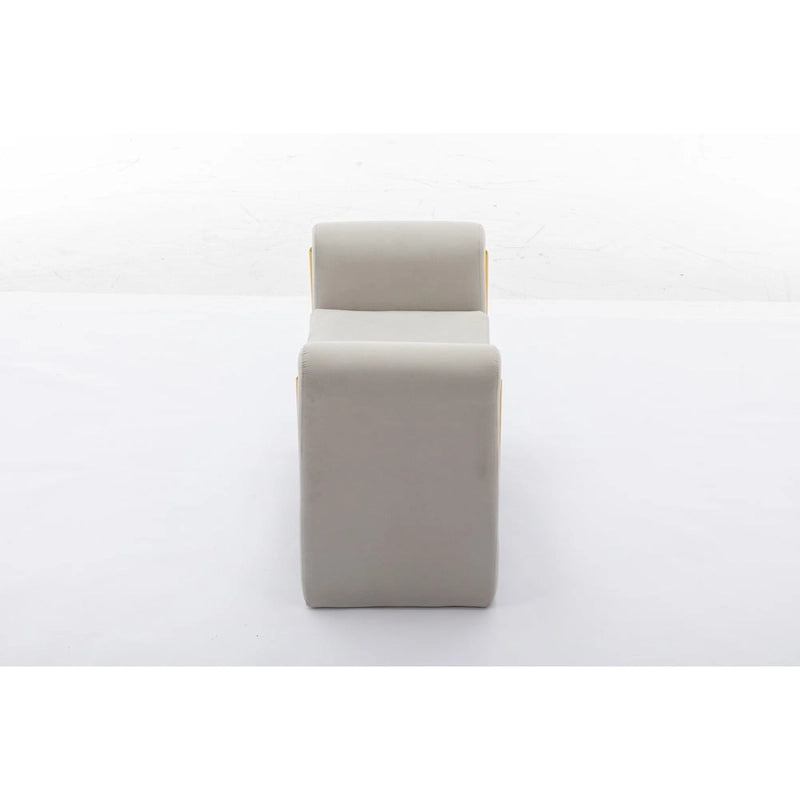 Banc en velours beige/café/ivoire/gris avec cadre en bois et garniture dorée