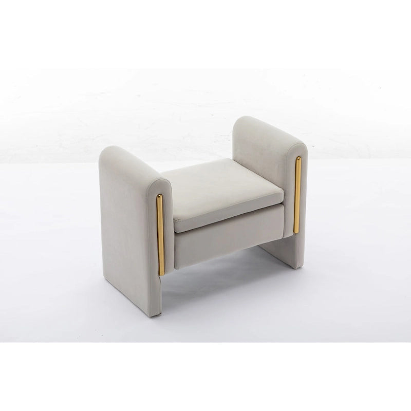Banc en velours beige/café/ivoire/gris avec cadre en bois et garniture dorée