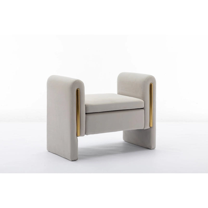 Banc en velours beige/café/ivoire/gris avec cadre en bois et garniture dorée