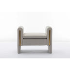 Banc en velours beige/café/ivoire/gris avec cadre en bois et garniture dorée