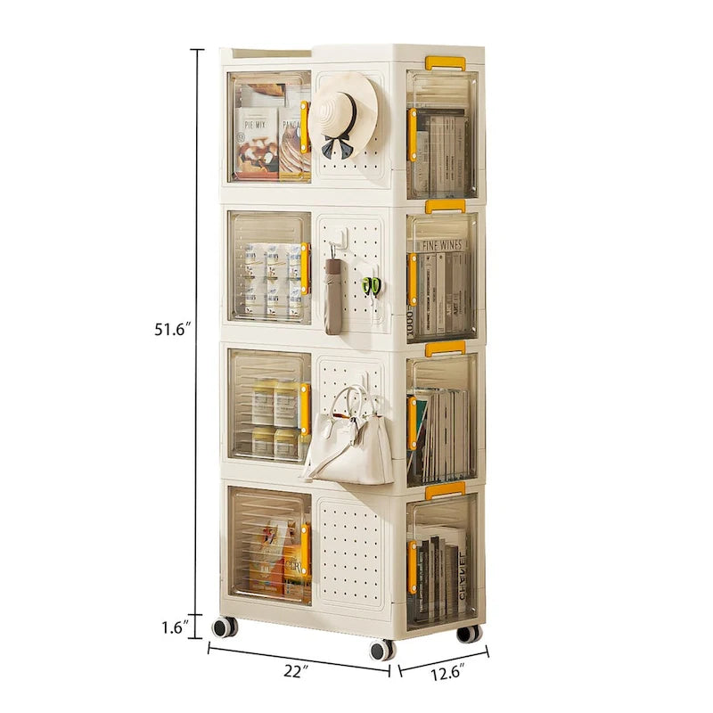 Chariot de rangement roulant à 4 niveaux en PP crème avec 8 portes, 4 boîtes de rangement et roulettes verrouillables