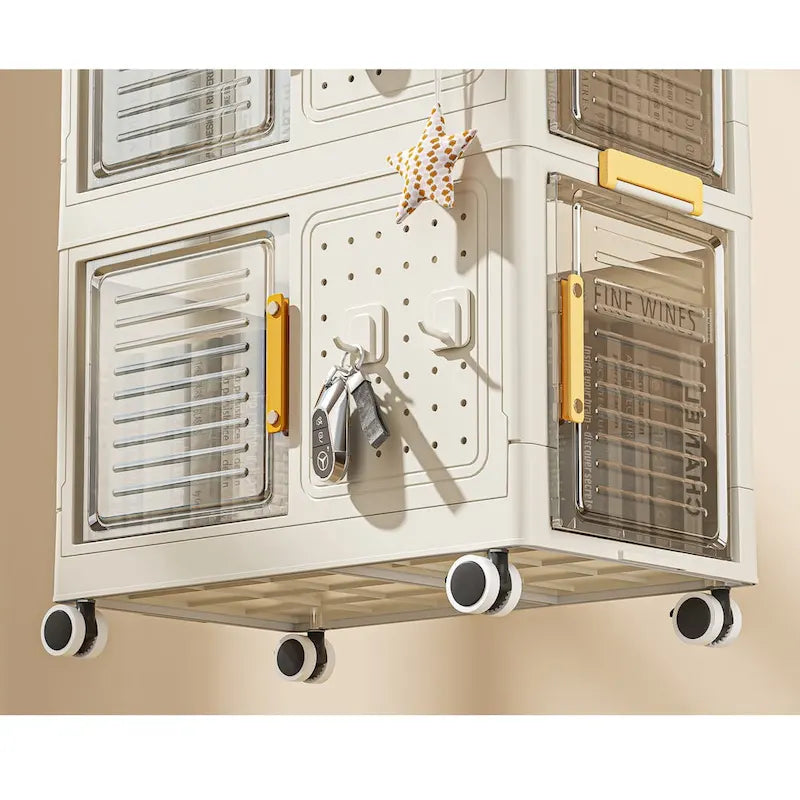 Chariot de rangement roulant à 4 niveaux en PP crème avec 8 portes, 4 boîtes de rangement et roulettes verrouillables