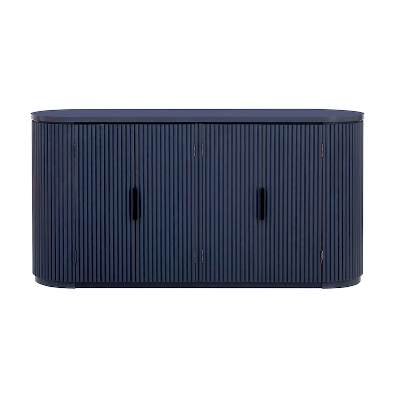 Enfilade 2 portes à rayures verticales en MDF noir/bleu marine avec étagères réglables et pieds en pin