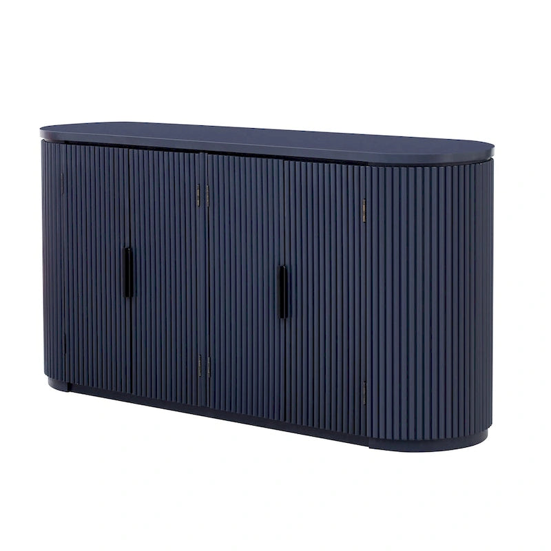 Enfilade 2 portes à rayures verticales en MDF noir/bleu marine avec étagères réglables et pieds en pin