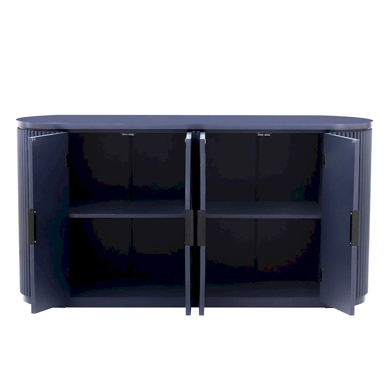 Enfilade 2 portes à rayures verticales en MDF noir/bleu marine avec étagères réglables et pieds en pin