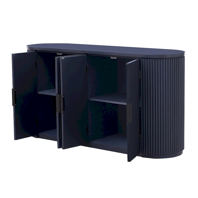 Enfilade 2 portes à rayures verticales en MDF noir/bleu marine avec étagères réglables et pieds en pin