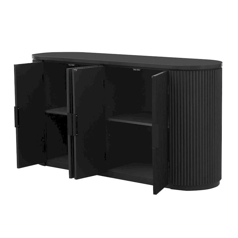 Enfilade 2 portes à rayures verticales en MDF noir/bleu marine avec étagères réglables et pieds en pin
