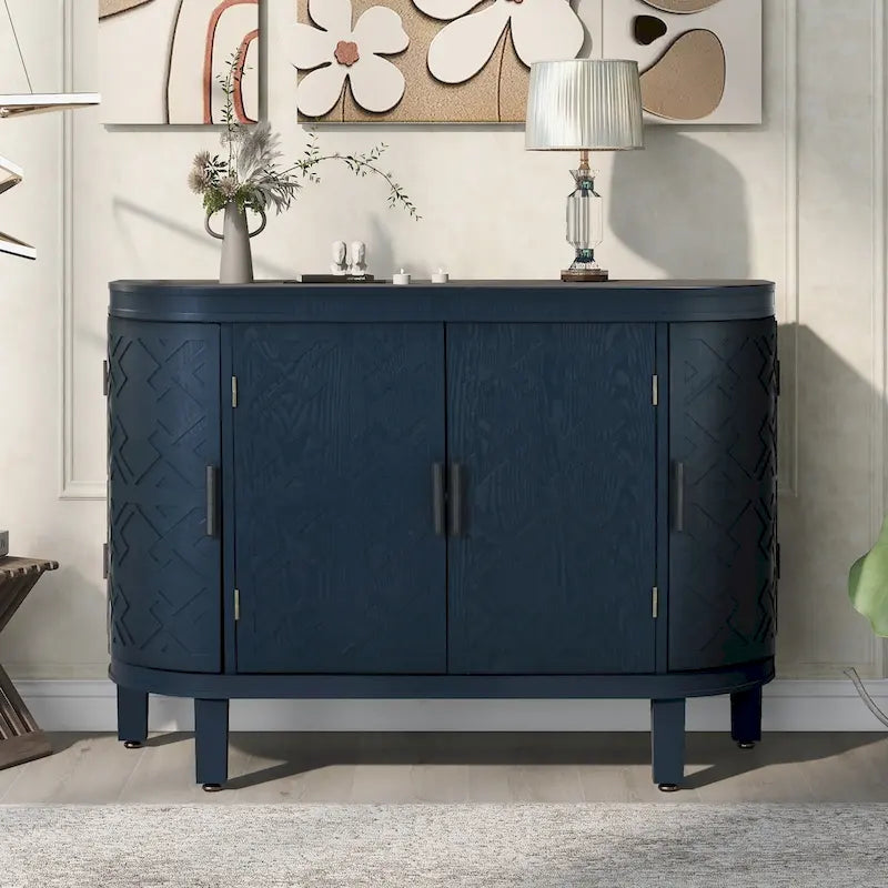 Meuble de rangement en MDF noir/marine/blanc/gris antique avec portes à motif gaufré et poignées métalliques