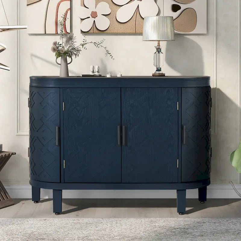 Meuble de rangement en MDF noir/marine/blanc/gris antique avec portes à motif gaufré et poignées métalliques