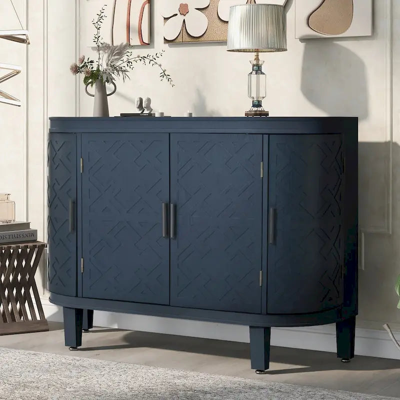 Meuble de rangement en MDF noir/marine/blanc/gris antique avec portes à motif gaufré et poignées métalliques