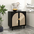Meuble de rangement à 2 portes en rotin naturel/noir avec étagères réglables et pieds en pin