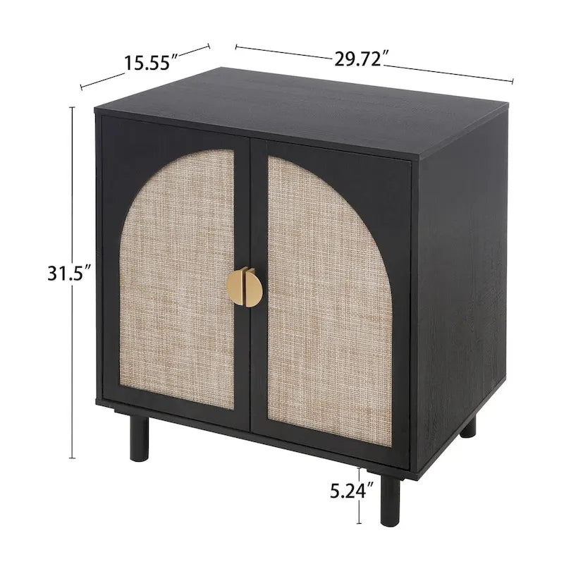 Meuble de rangement à 2 portes en rotin naturel/noir avec étagères réglables et pieds en pin