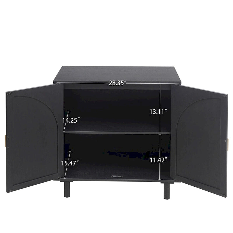Meuble de rangement à 2 portes en rotin naturel/noir avec étagères réglables et pieds en pin