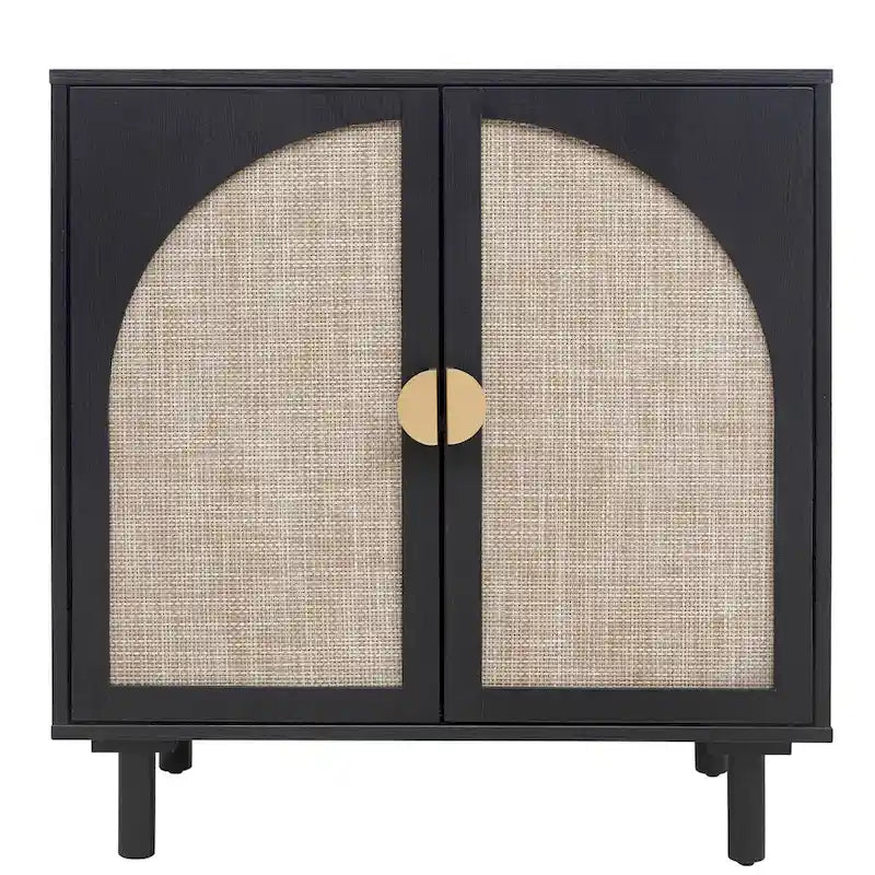 Meuble de rangement à 2 portes en rotin naturel/noir avec étagères réglables et pieds en pin